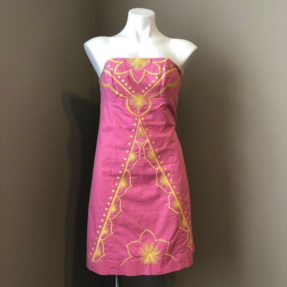 Lilly Pulitzer Dress 0 Strapless Lined Embroidered Pink Yellow Lined Embroidered - Picture 10 of 10